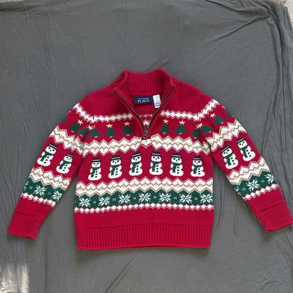 The Children's Place Red Zip-Up Sweater with Snowman Design
